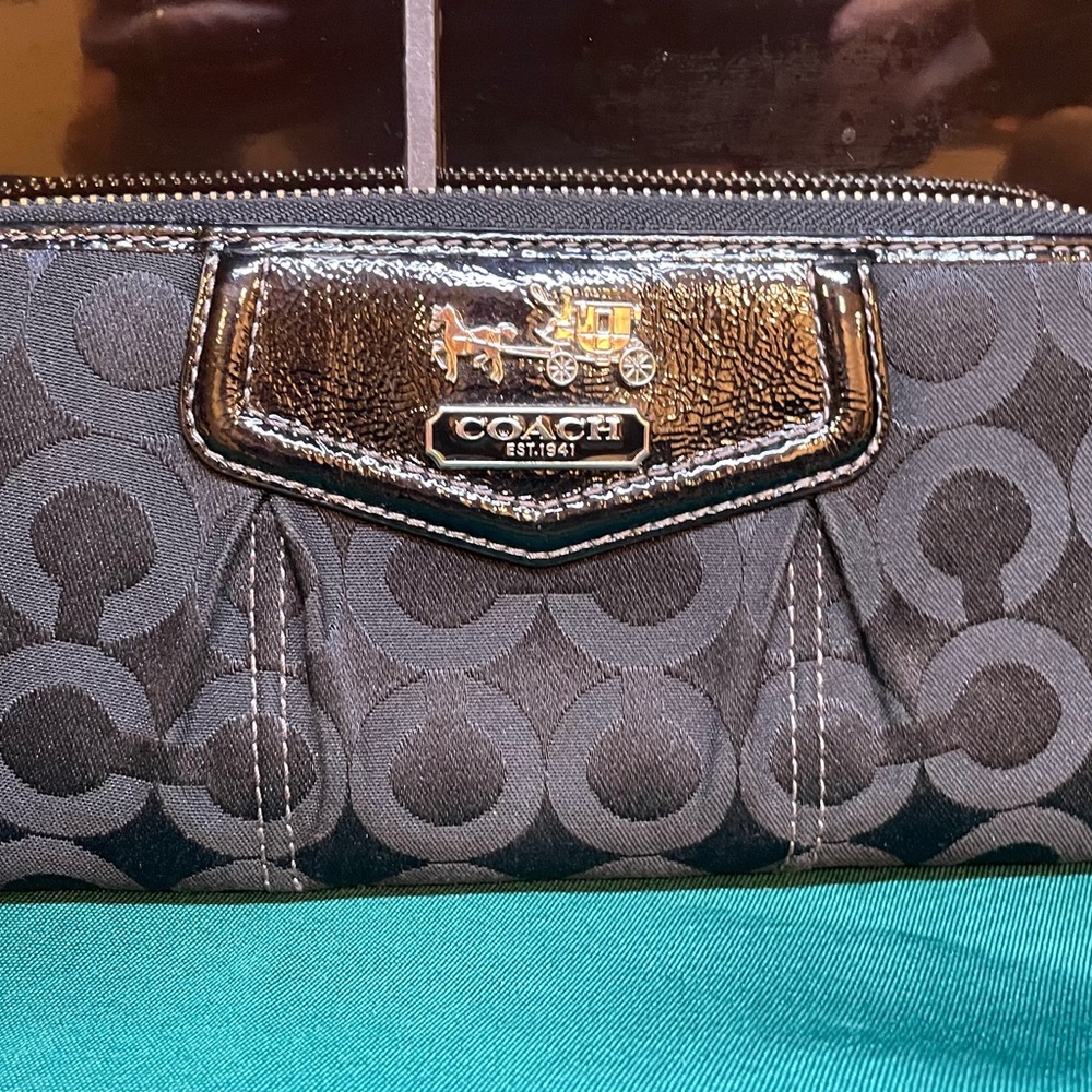 Coach Black and Gray Signature Clutch with patent leather accents